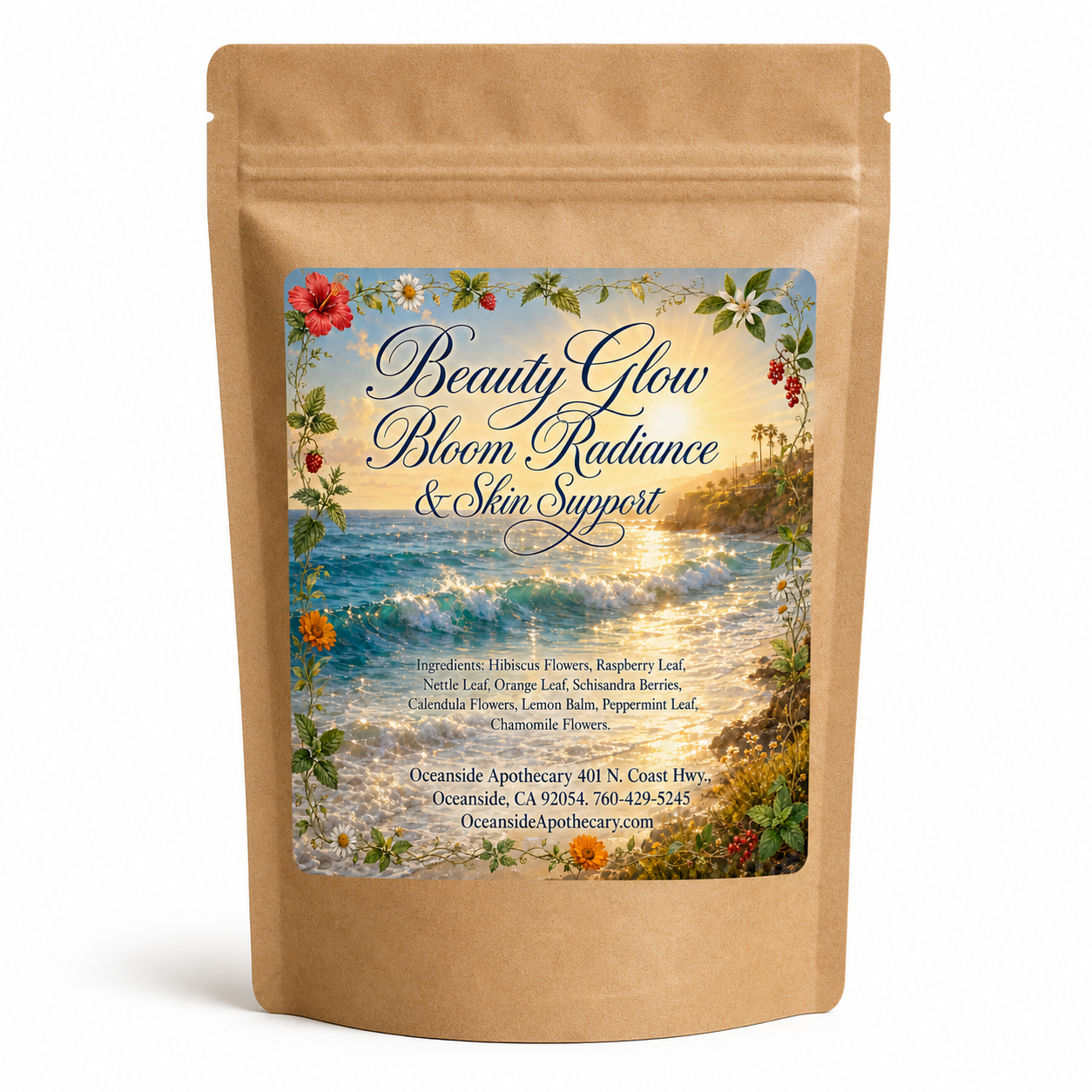 BeautyGlow Bloom Radiance and Skin Support Botanical Blend by Oceanside Apothecary in a brown kraft tea pouch on a clean white background product mockup.

