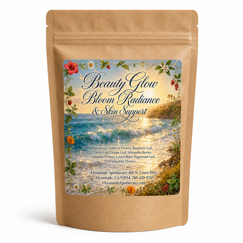 BeautyGlow Bloom Radiance and Skin Support Botanical Blend by Oceanside Apothecary in a brown kraft tea pouch on a clean white background product mockup.
