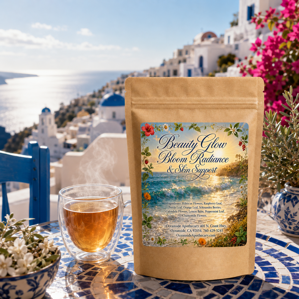 BeautyGlow Bloom Radiance and Skin Support Botanical Blend by Oceanside Apothecary displayed on a Greek island terrace with white buildings, a mosaic table, and a steaming glass of botanical tea.
