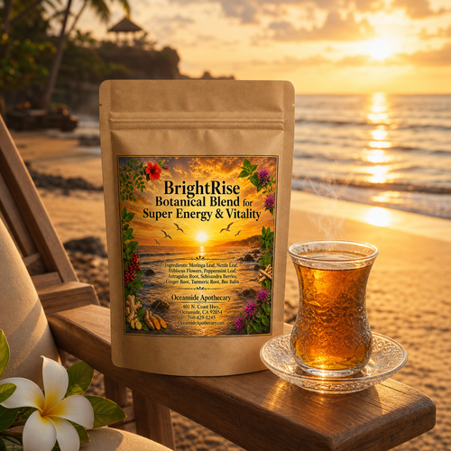 BrightRise Botanical Blend for Super Energy and Vitality by Oceanside Apothecary displayed on a beach chair at sunrise in Bali beside a steaming Turkish tea cup filled with botanical tea.