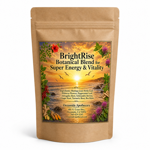BrightRise Botanical Blend for Super Energy and Vitality by Oceanside Apothecary in a brown kraft tea pouch on a clean white background product mockup.
