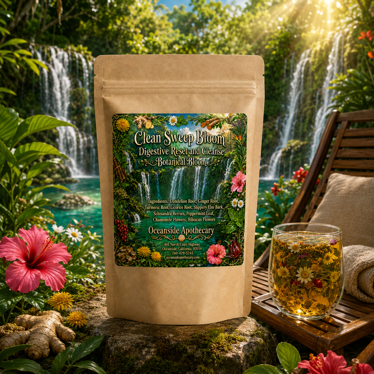 Clean Sweep Bloom Digestive Reset and Cleanse Botanical Blend by Oceanside Apothecary displayed in a tropical waterfall setting beside a sun chair and a clear glass of herbal tea.
