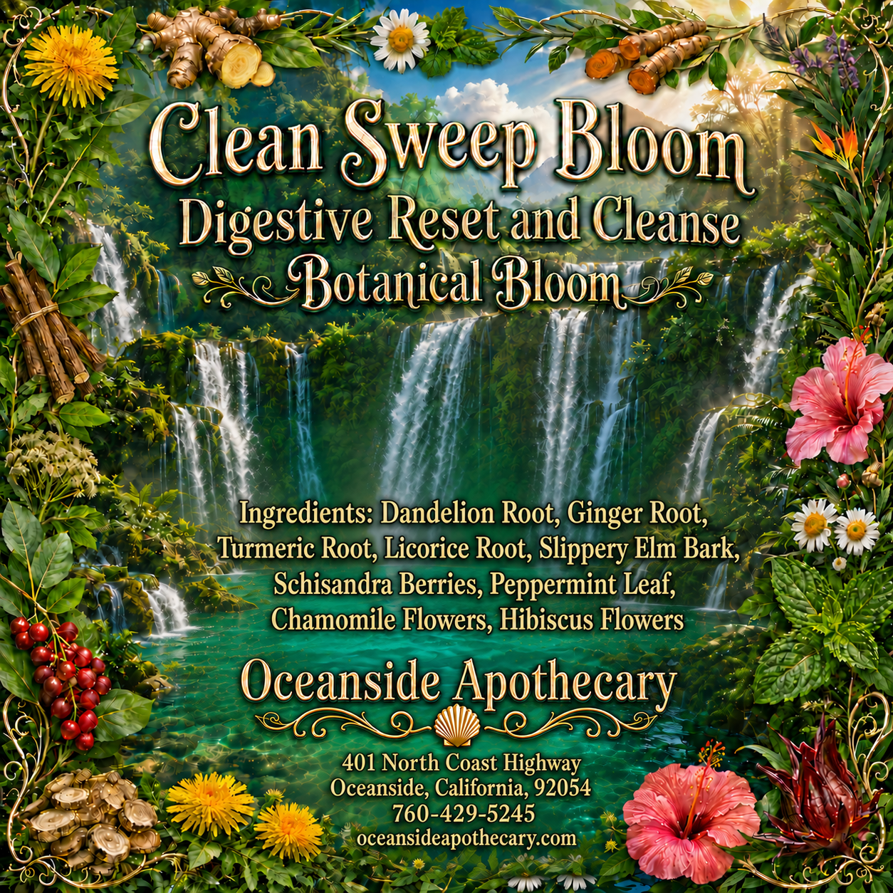 Clean Sweep Bloom Digestive Reset and Cleanse Botanical Blend by Oceanside Apothecary featuring lush tropical waterfalls, flowering botanicals, and ingredients including dandelion root, ginger root, turmeric root, licorice root, slippery elm bark, schisandra berries, peppermint leaf, chamomile flowers, and hibiscus flowers.