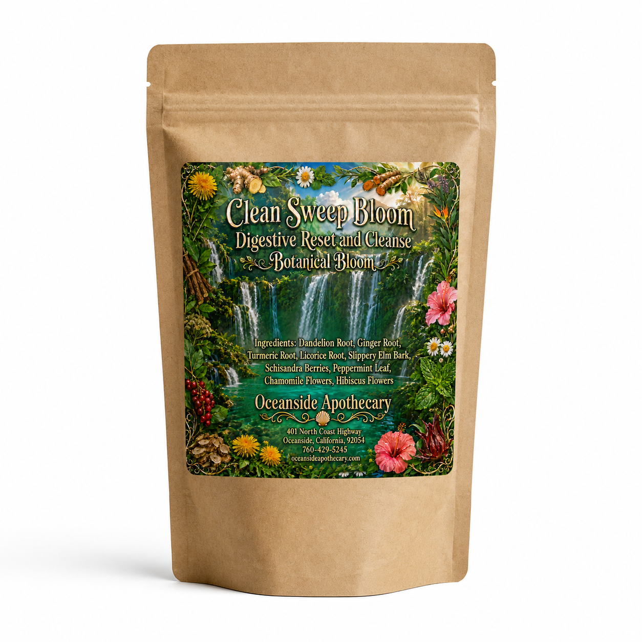 Clean Sweep Bloom Digestive Reset and Cleanse Botanical Blend by Oceanside Apothecary in a brown kraft tea pouch on a clean white background product mockup.