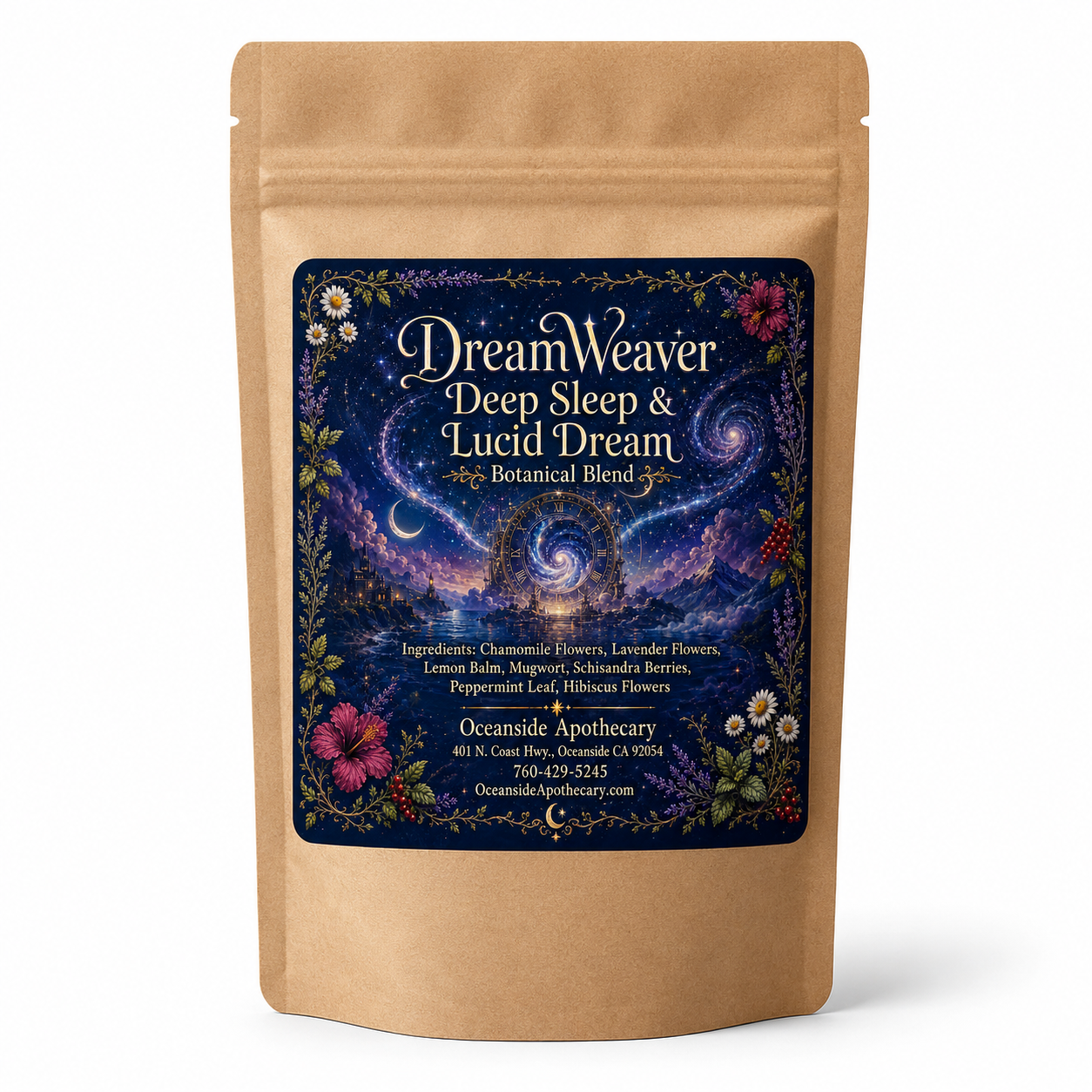 DreamWeaver Deep Sleep and Lucid Dream Botanical Blend by Oceanside Apothecary in a brown kraft tea pouch on a clean white background product mockup.