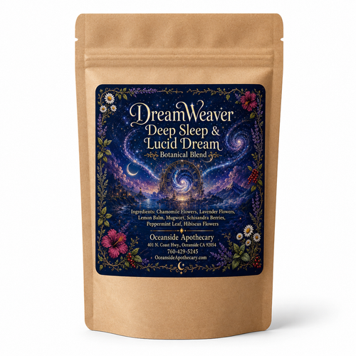 DreamWeaver Deep Sleep and Lucid Dream Botanical Blend by Oceanside Apothecary in a brown kraft tea pouch on a clean white background product mockup.