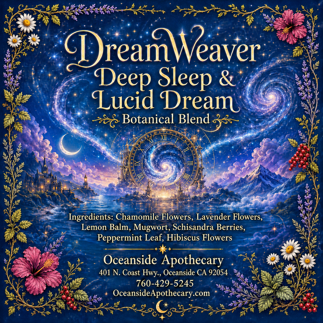 DreamWeaver Deep Sleep and Lucid Dream Botanical Blend by Oceanside Apothecary featuring a cosmic night sky with swirling stars, a mystical clock portal, and botanical ingredients including chamomile flowers, lavender flowers, lemon balm, mugwort, schisandra berries, peppermint leaf, and hibiscus flowers.