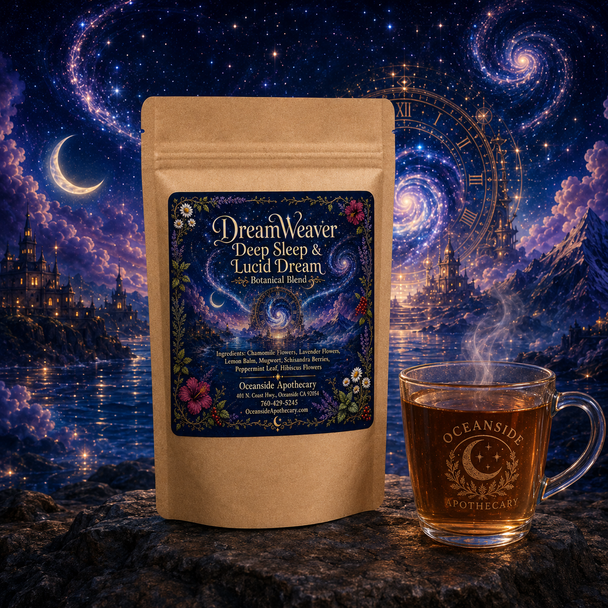 DreamWeaver Deep Sleep and Lucid Dream Botanical Blend by Oceanside Apothecary displayed in a surreal cosmic night scene with swirling galaxies, a mystical time portal, and a steaming glass mug of herbal tea.