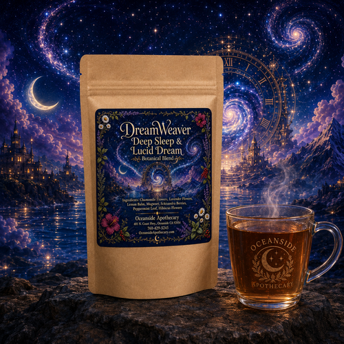 DreamWeaver Deep Sleep and Lucid Dream Botanical Blend by Oceanside Apothecary displayed in a surreal cosmic night scene with swirling galaxies, a mystical time portal, and a steaming glass mug of herbal tea.