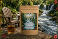 Fluid FlowBloom Edema Support, Lymphedema Support and Circulation Botanical Blend by Oceanside Apothecary featuring lush rapids and multiple waterfalls with botanical ingredients including dandelion root, ginger root, turmeric root, hawthorn berries, beet root powder, schisandra berries, moringa leaf, nettle leaf, peppermint leaf, and hibiscus flowers.