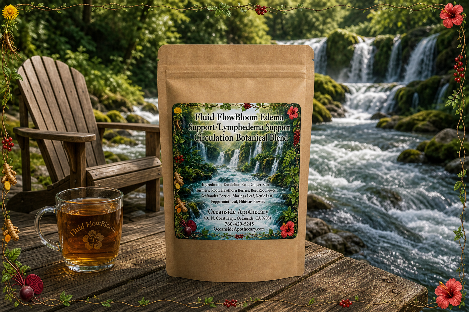 Fluid FlowBloom Edema Support, Lymphedema Support and Circulation Botanical Blend by Oceanside Apothecary featuring lush rapids and multiple waterfalls with botanical ingredients including dandelion root, ginger root, turmeric root, hawthorn berries, beet root powder, schisandra berries, moringa leaf, nettle leaf, peppermint leaf, and hibiscus flowers.