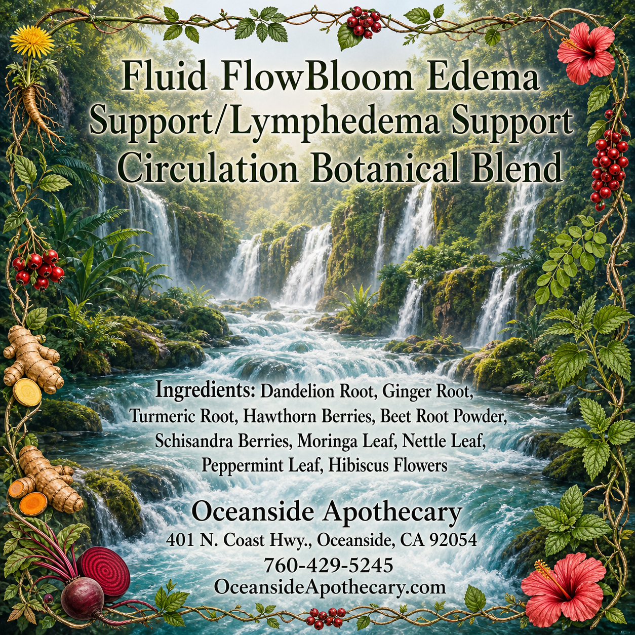 Fluid FlowBloom Edema Support, Lymphedema Support and Circulation Botanical Blend by Oceanside Apothecary featuring lush rapids and multiple waterfalls with botanical ingredients including dandelion root, ginger root, turmeric root, hawthorn berries, beet root powder, schisandra berries, moringa leaf, nettle leaf, peppermint leaf, and hibiscus flowers.