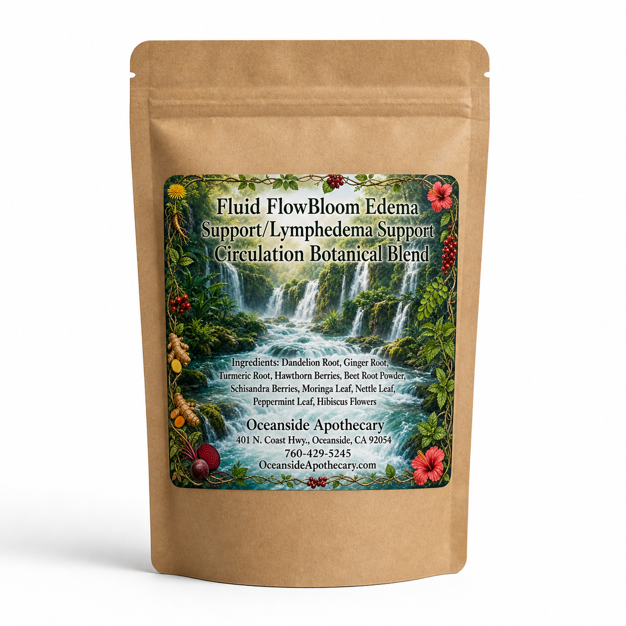Fluid FlowBloom Edema Support, Lymphedema Support and Circulation Botanical Blend by Oceanside Apothecary featuring lush rapids and multiple waterfalls with botanical ingredients including dandelion root, ginger root, turmeric root, hawthorn berries, beet root powder, schisandra berries, moringa leaf, nettle leaf, peppermint leaf, and hibiscus flowers.