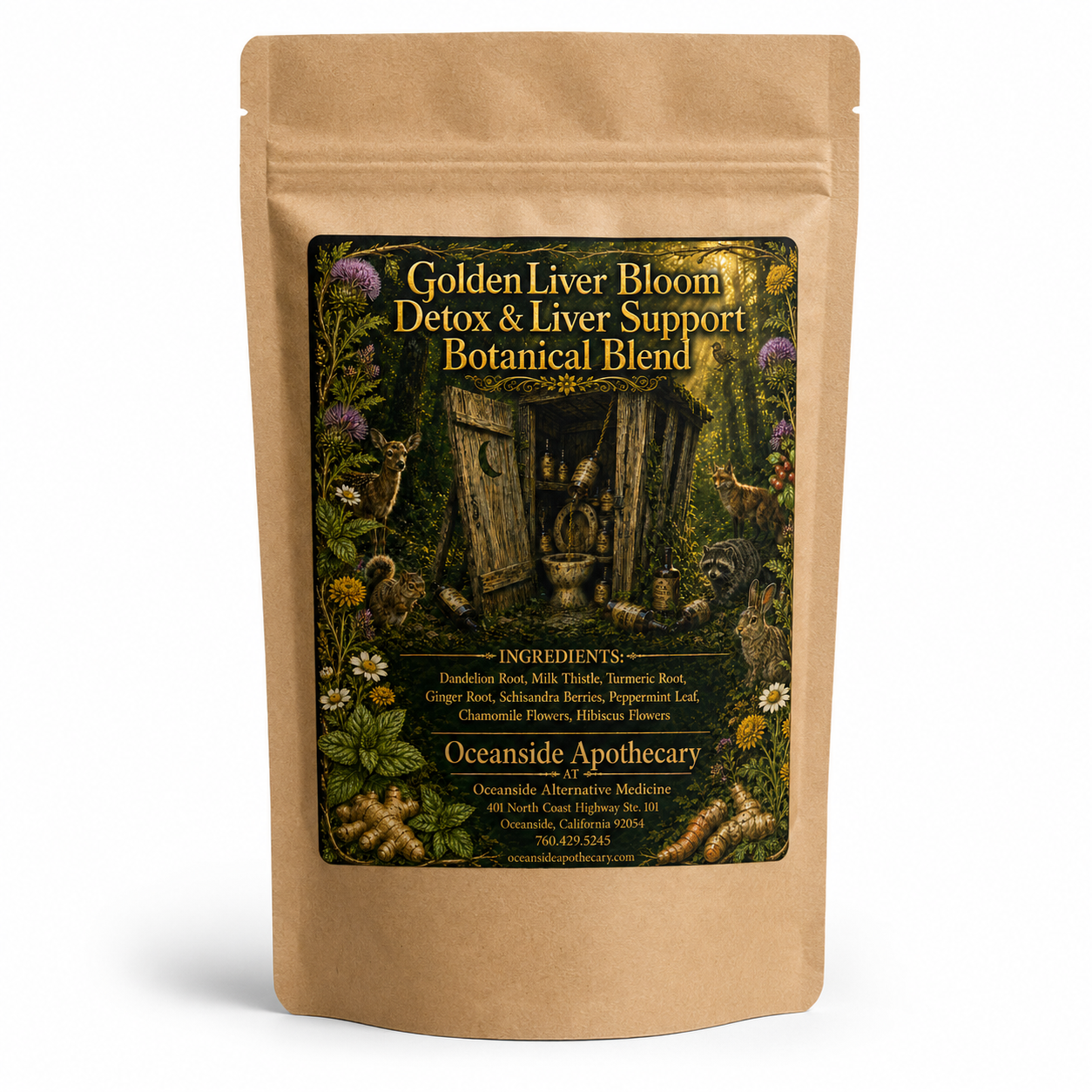 oldenLiver Bloom Detox and Liver Support Botanical Blend by Oceanside Apothecary in a brown kraft tea pouch on a clean white background product mockup.
