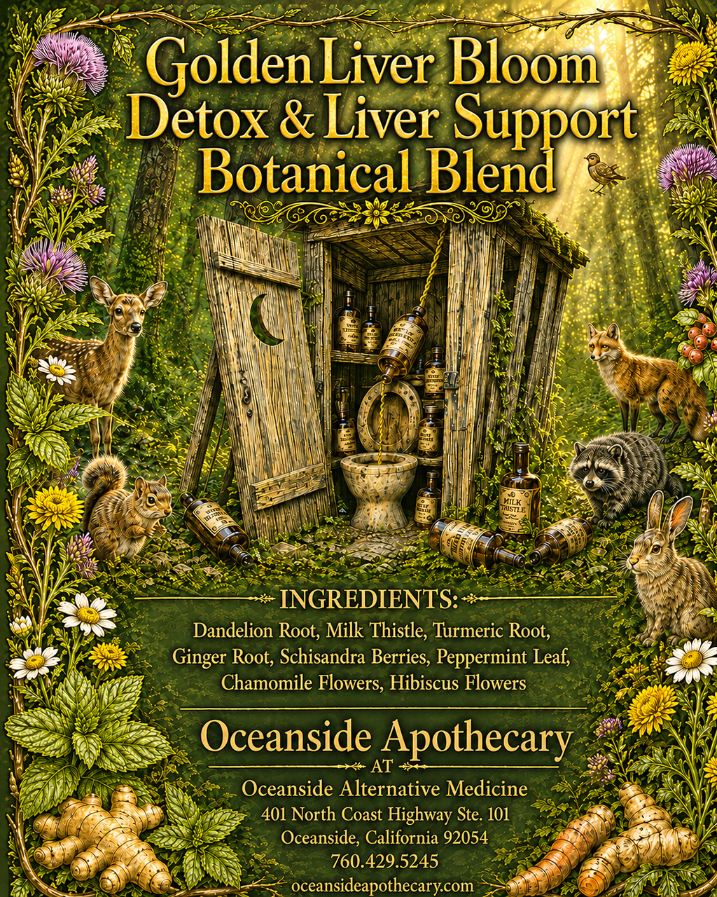 Advertisement for Golden Liver Bloom Detox & Liver Support Botanical Blend with natural elements and Oceanside Apothecary branding.