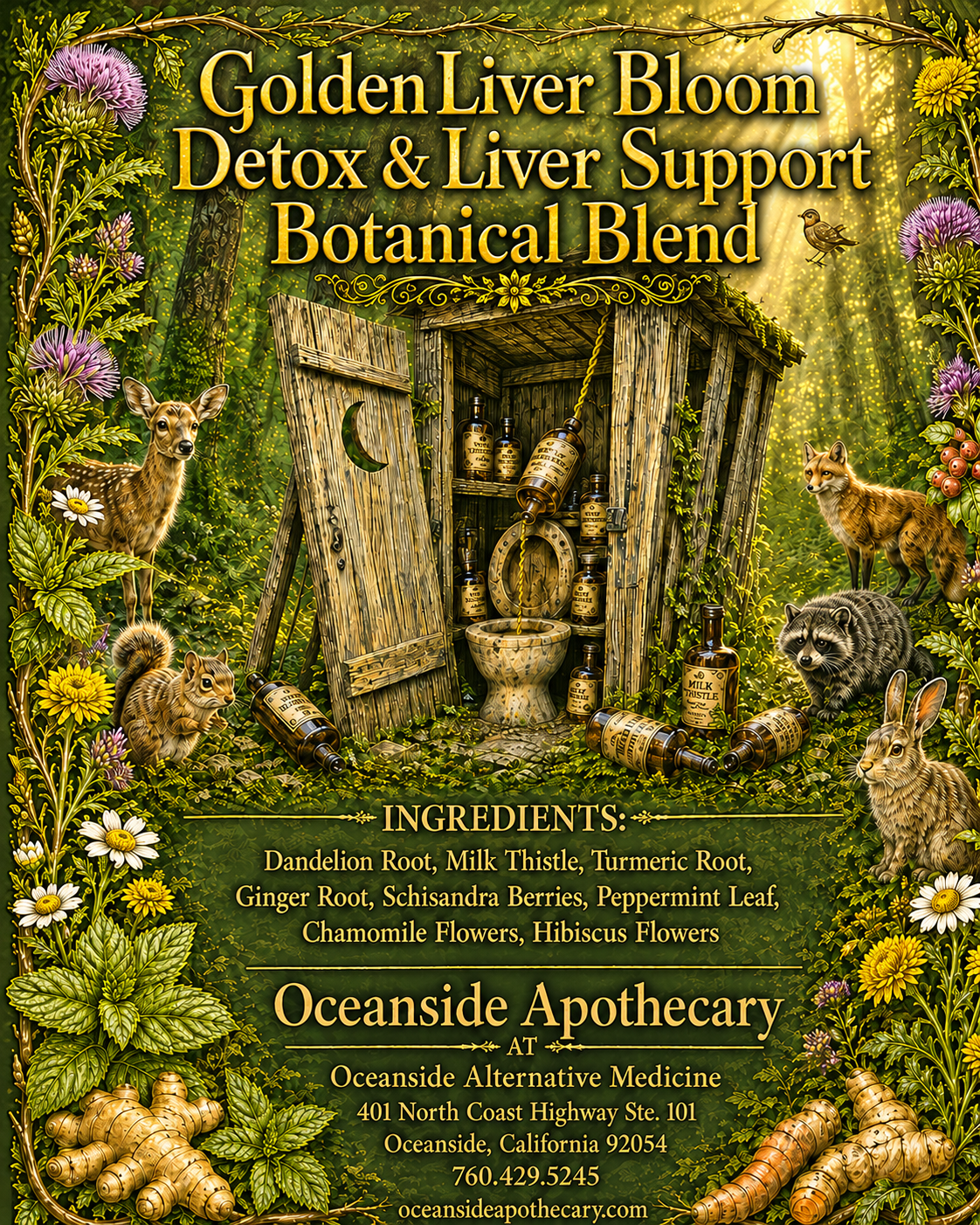 Advertisement for Golden Liver Bloom Detox & Liver Support Botanical Blend with natural elements and Oceanside Apothecary branding.