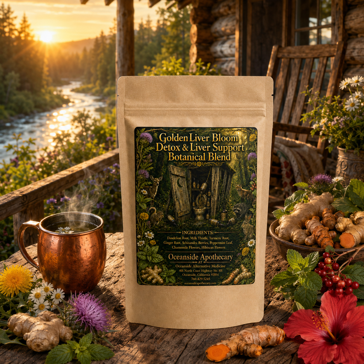 GoldenLiver Bloom Detox and Liver Support Botanical Blend by Oceanside Apothecary displayed on a rustic log cabin porch at sunrise with a copper mug of herbal tea, lush greenery, botanical ingredients, and a winding river view.