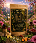 Golden Liver Bloom herbal detox tea label with botanical ingredients in forest apothecary design