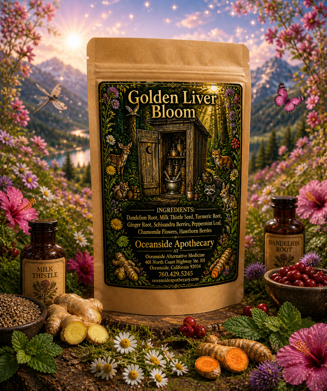 Golden Liver Bloom herbal detox tea label with botanical ingredients in forest apothecary design