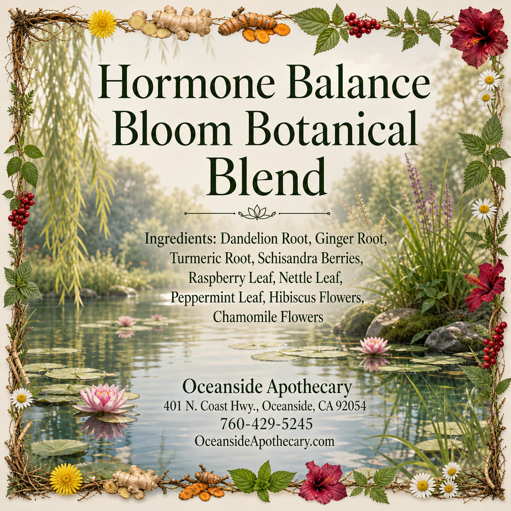 Hormone Balance Bloom Botanical Blend by Oceanside Apothecary featuring a serene pond scene with lush plants and ingredients including dandelion root, ginger root, turmeric root, schisandra berries, raspberry leaf, nettle leaf, peppermint leaf, hibiscus flowers, and chamomile flowers.