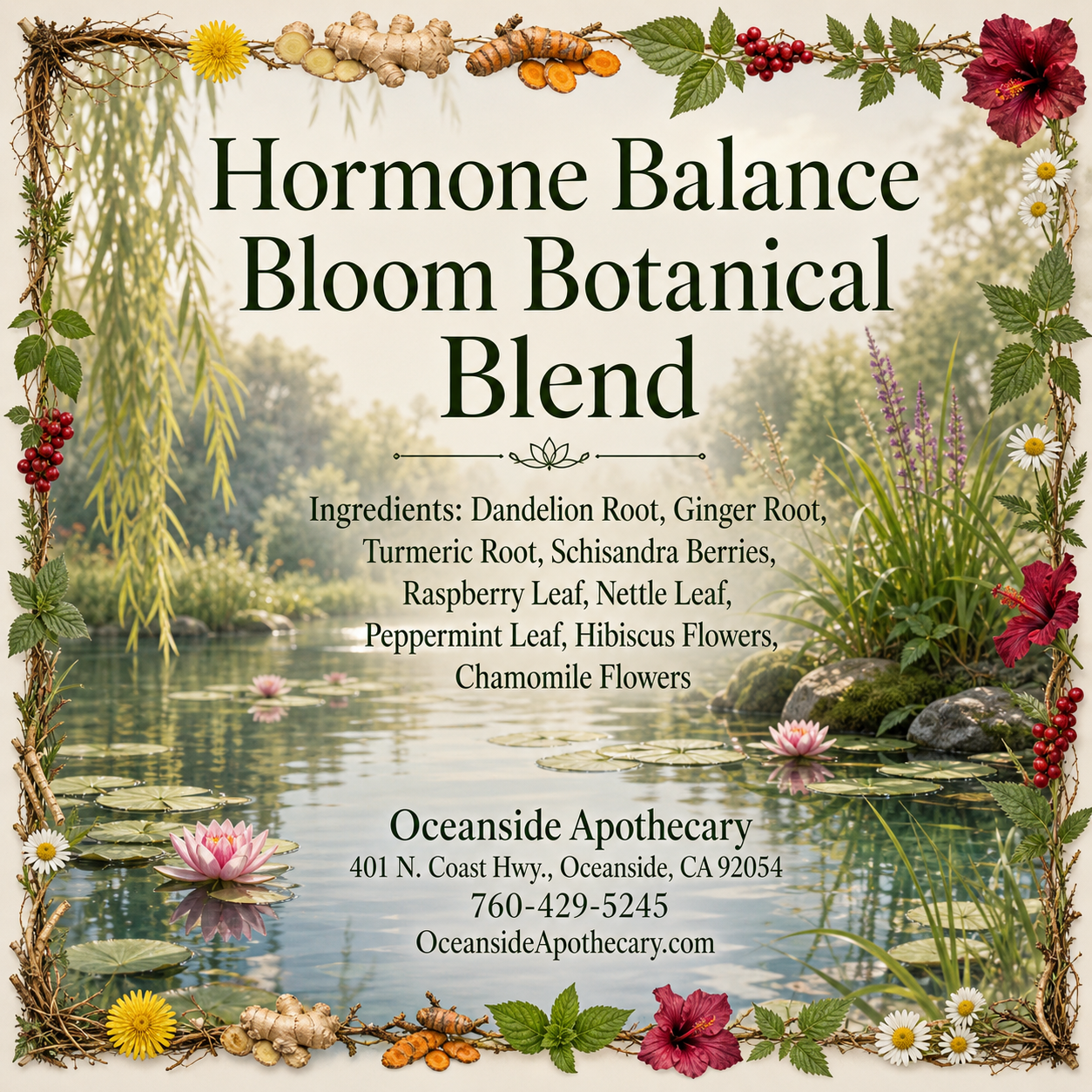 Hormone Balance Bloom Botanical Blend by Oceanside Apothecary featuring a serene pond scene with lush plants and ingredients including dandelion root, ginger root, turmeric root, schisandra berries, raspberry leaf, nettle leaf, peppermint leaf, hibiscus flowers, and chamomile flowers.