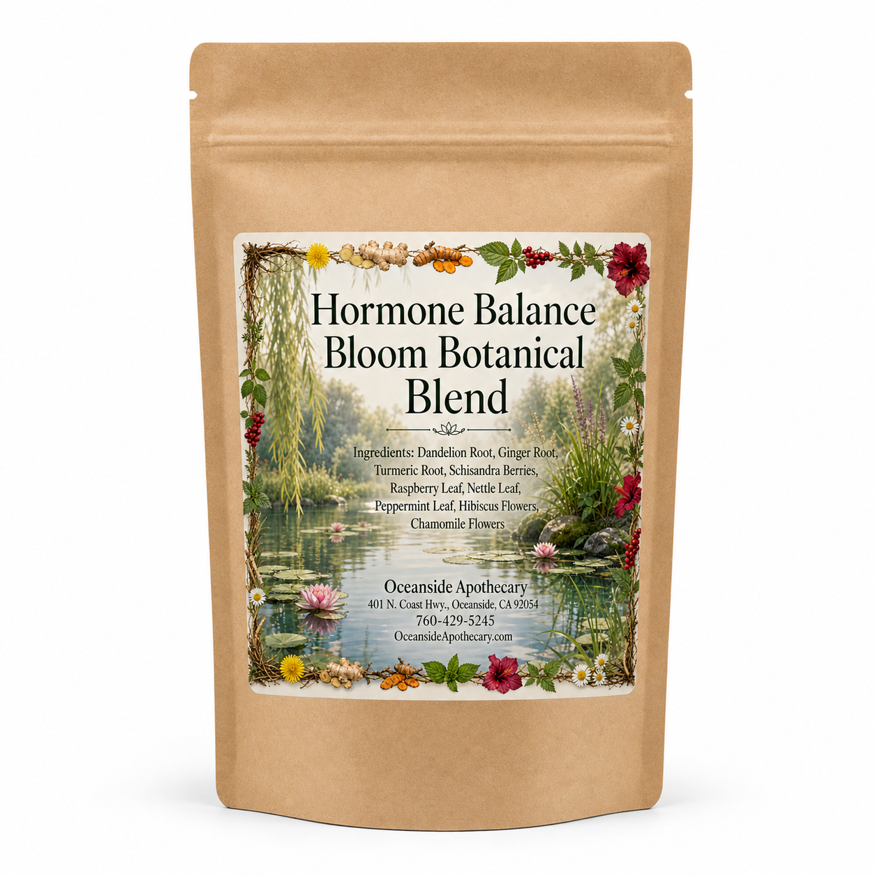 Hormone Balance Bloom Botanical Blend by Oceanside Apothecary in a brown kraft tea pouch on a clean white background product mockup.