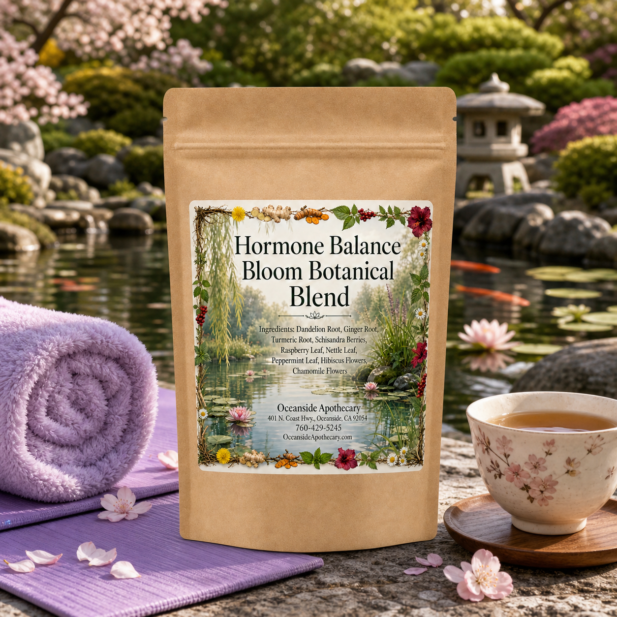 Hormone Balance Bloom Botanical Blend by Oceanside Apothecary displayed in a Japanese garden pond setting with a lavender yoga mat, fluffy light purple towel, and a floral teacup filled with botanical tea.