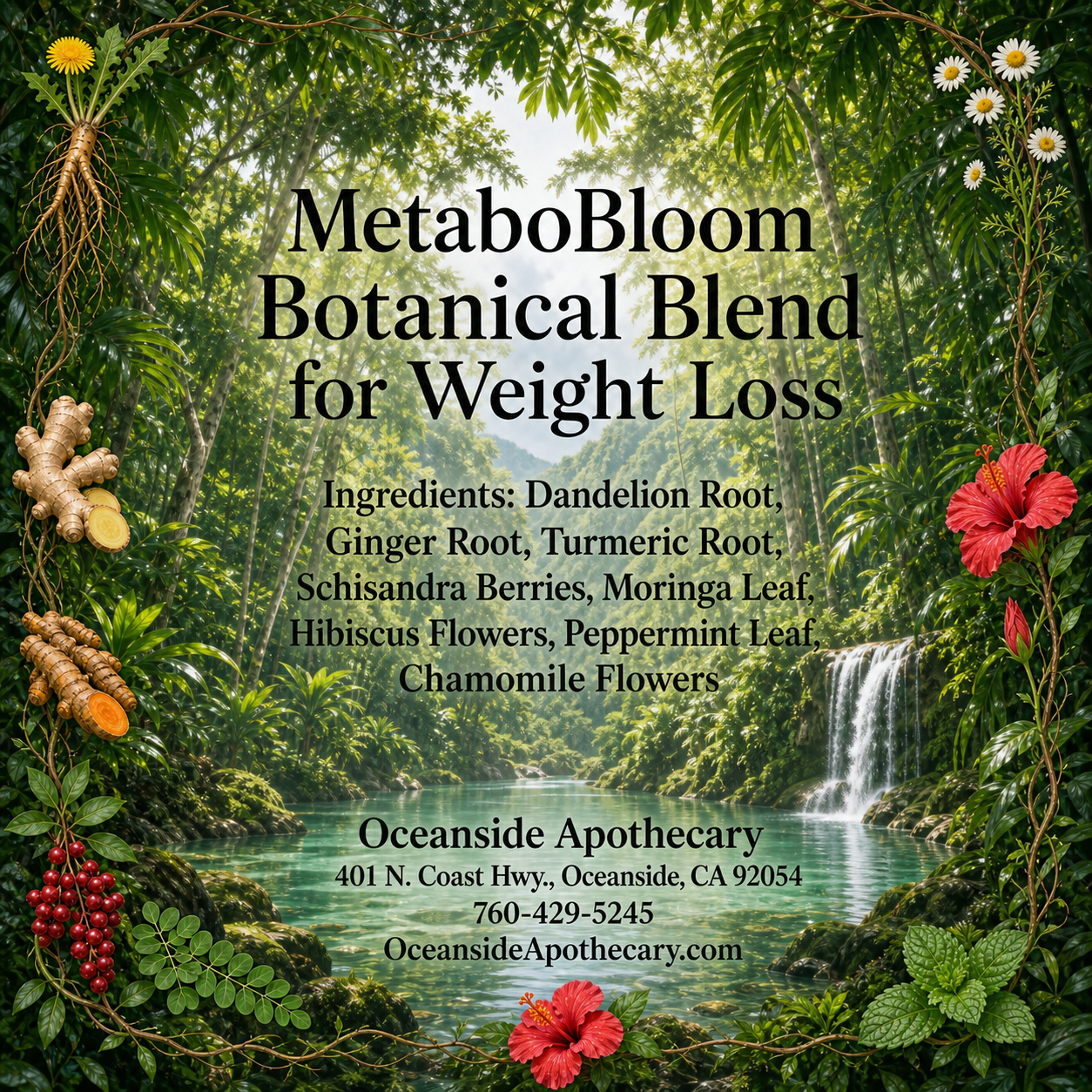 MetaboBloom Botanical Blend for Weight Loss label by Oceanside Apothecary featuring a tropical forest background and botanical ingredients including dandelion root, ginger root, turmeric root, schisandra berries, moringa leaf, hibiscus, peppermint, and chamomile.