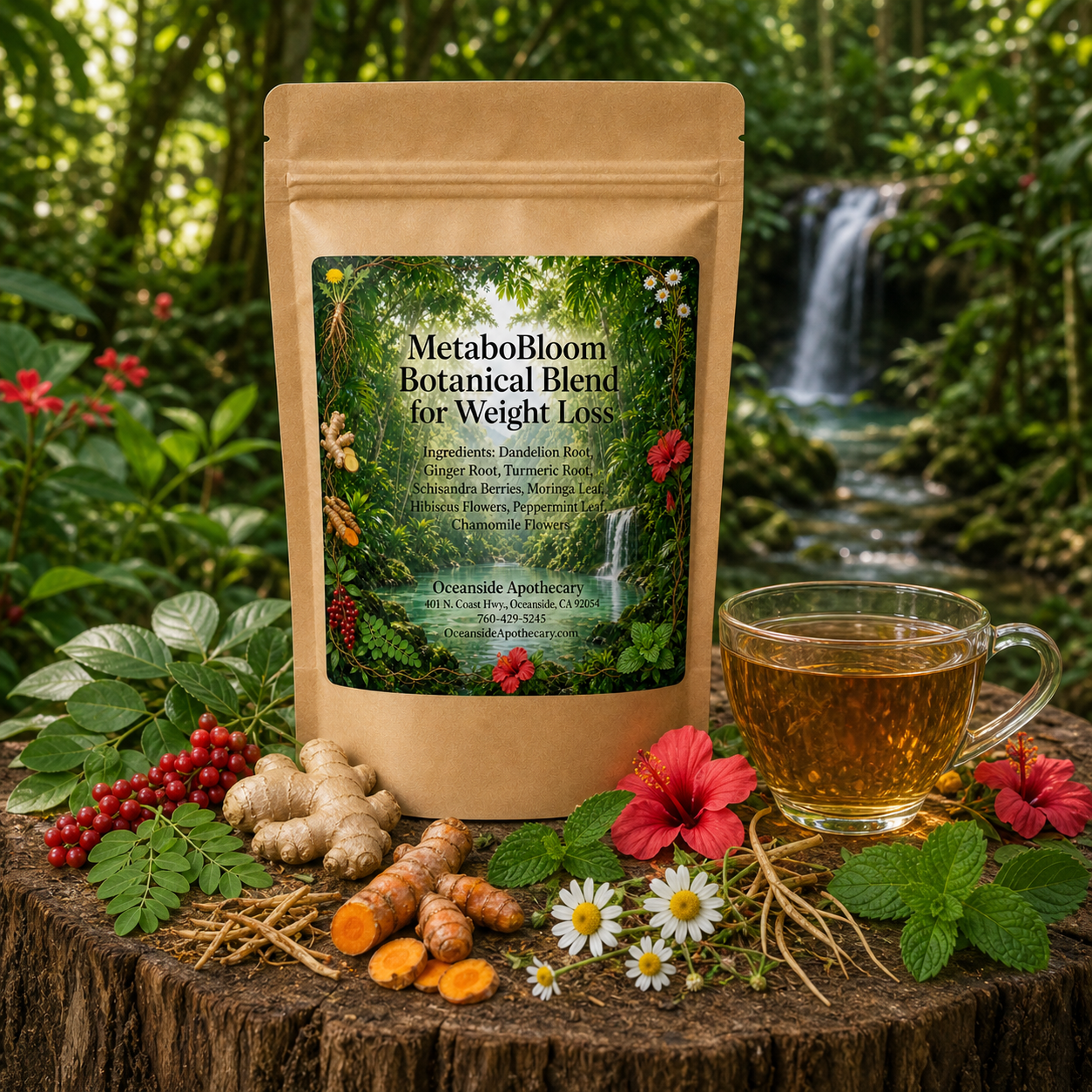 MetaboBloom Botanical Blend for Weight Loss label by Oceanside Apothecary featuring a tropical forest background and botanical ingredients including dandelion root, ginger root, turmeric root, schisandra berries, moringa leaf, hibiscus, peppermint, and chamomile.