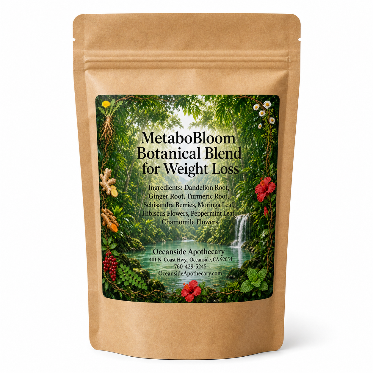 MetaboBloom Botanical Blend for Weight Loss label by Oceanside Apothecary featuring a tropical forest background and botanical ingredients including dandelion root, ginger root, turmeric root, schisandra berries, moringa leaf, hibiscus, peppermint, and chamomile.