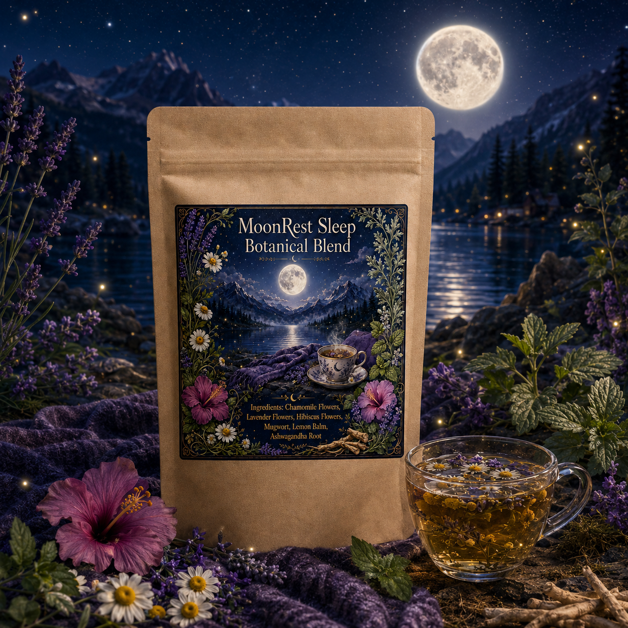 MoonRest Sleep Botanical Blend by Oceanside Apothecary displayed beside a tranquil mountain lake under a full moon with stars, fireflies, botanical plants, a purple blanket, and a clear glass cup of herbal tea.