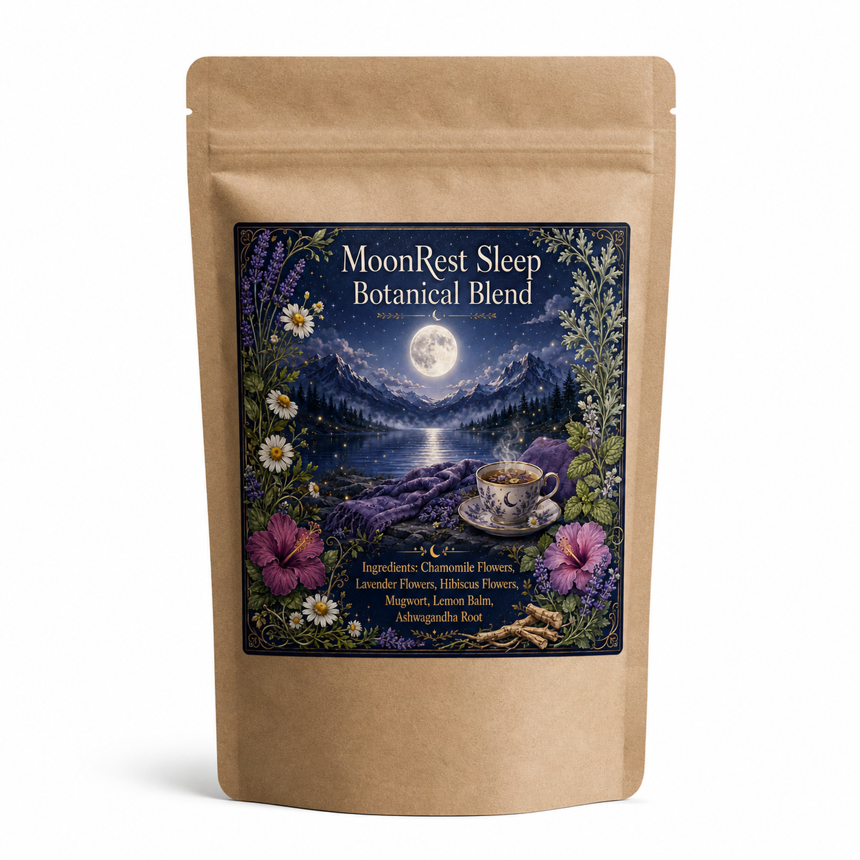 MoonRest Sleep Botanical Blend by Oceanside Apothecary in a brown kraft tea pouch on a clean white background product mockup.
