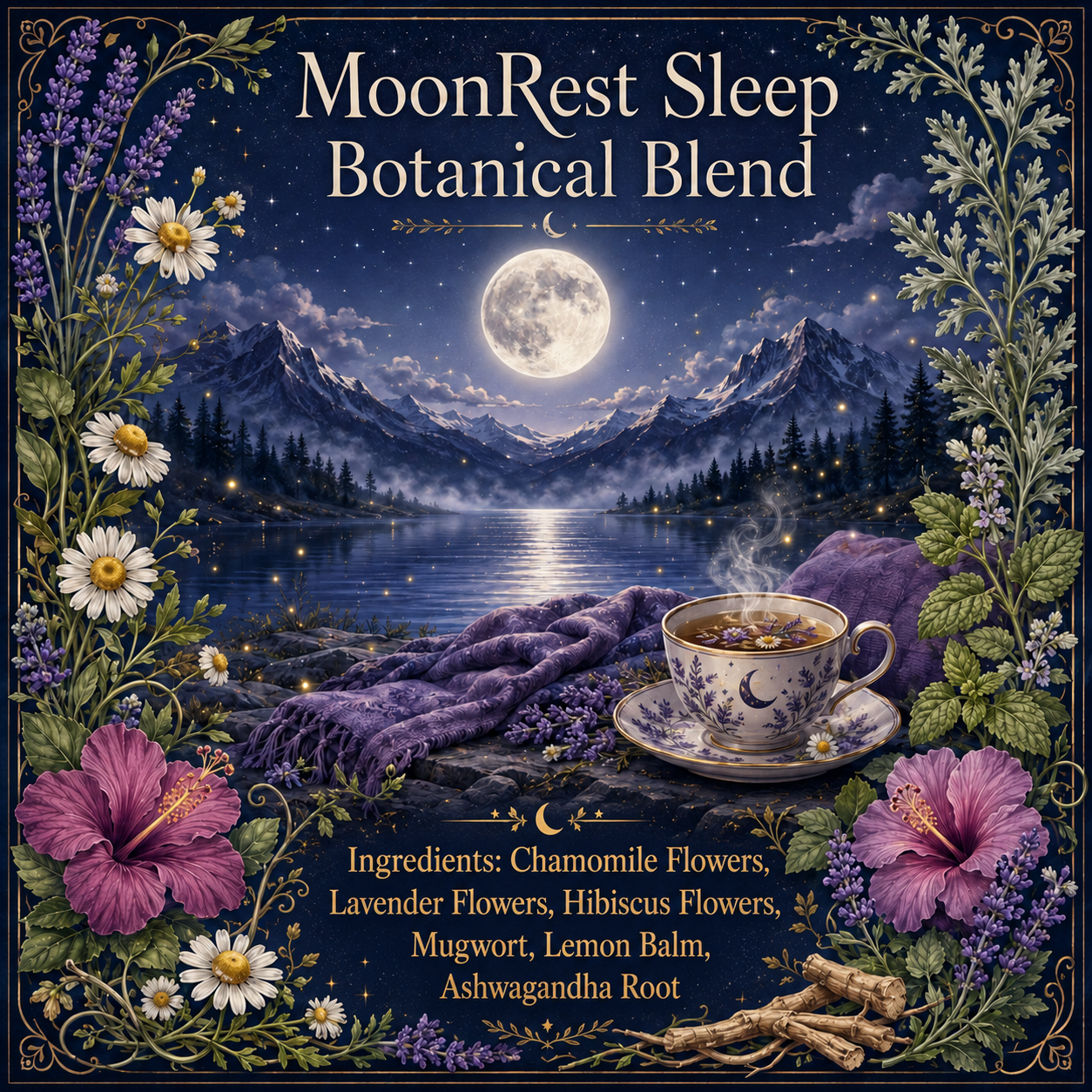MoonRest Sleep Botanical Blend by Oceanside Apothecary featuring a moonlit mountain lake with a full moon, fireflies, purple blanket and pillow, steaming botanical tea, and ingredients including chamomile flowers, lavender flowers, hibiscus flowers, mugwort, lemon balm, and ashwagandha root.