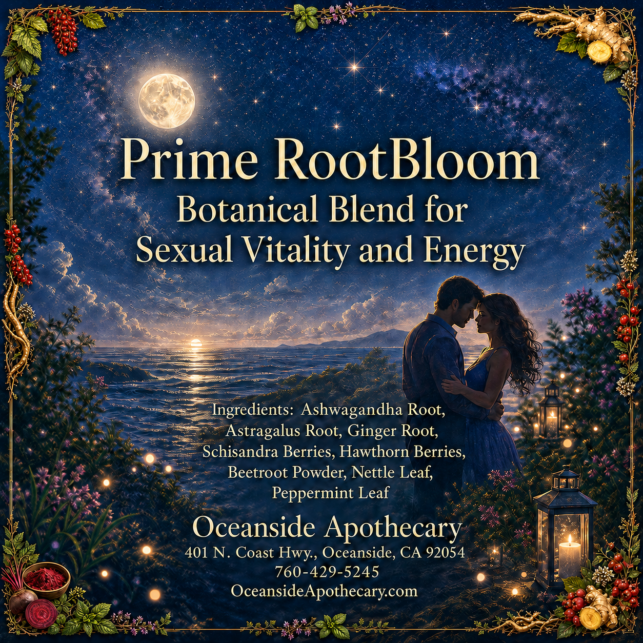 Prime RootBloom Botanical Blend for Sexual Vitality and Energy by Oceanside Apothecary displayed in a kraft pouch on a romantic nighttime beach with herbal tea in a champagne glass on a lavender blanket.