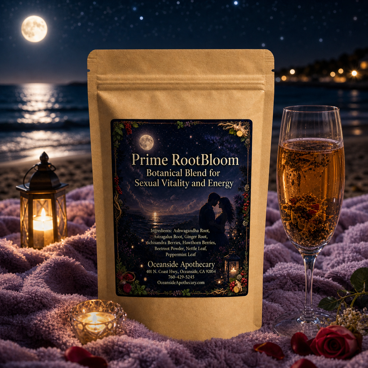 Prime RootBloom Botanical Blend for Sexual Vitality and Energy by Oceanside Apothecary with moonlit romantic label design and ingredients including ashwagandha root, astragalus root, ginger root, schisandra berries, hawthorn berries, beetroot powder, nettle leaf, and peppermint leaf.