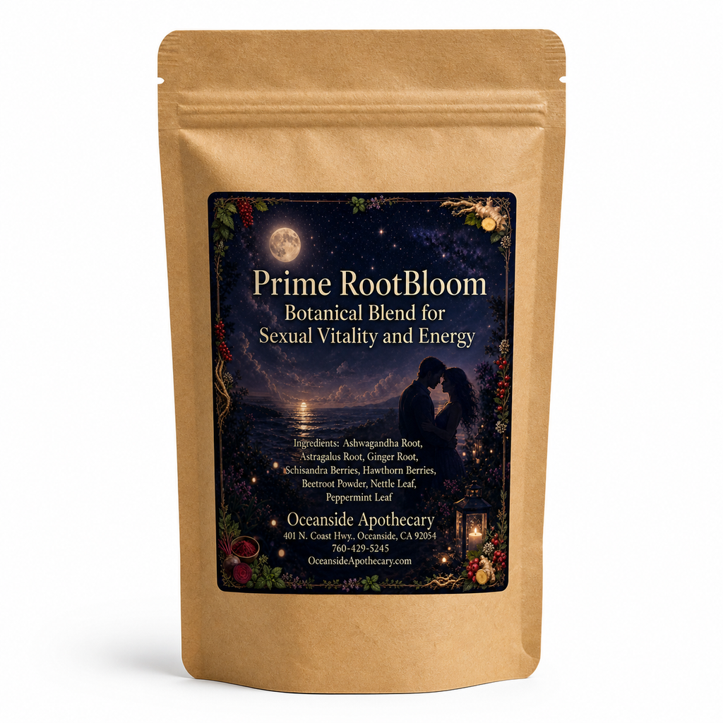 Prime RootBloom Botanical Blend for Sexual Vitality and Energy by Oceanside Apothecary in a brown kraft tea pouch on a white background product mockup.