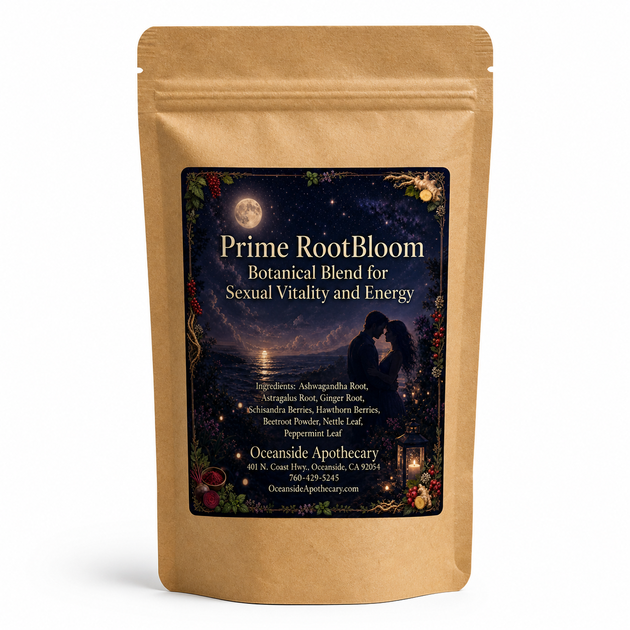 Prime RootBloom Botanical Blend for Sexual Vitality and Energy by Oceanside Apothecary in a brown kraft tea pouch on a white background product mockup.