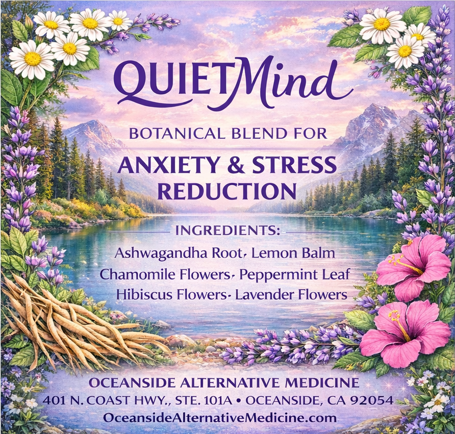 QuietMind Botanical Blend tea in brown apothecary bag with calming botanical background, herbal tea for stress relief and relaxation