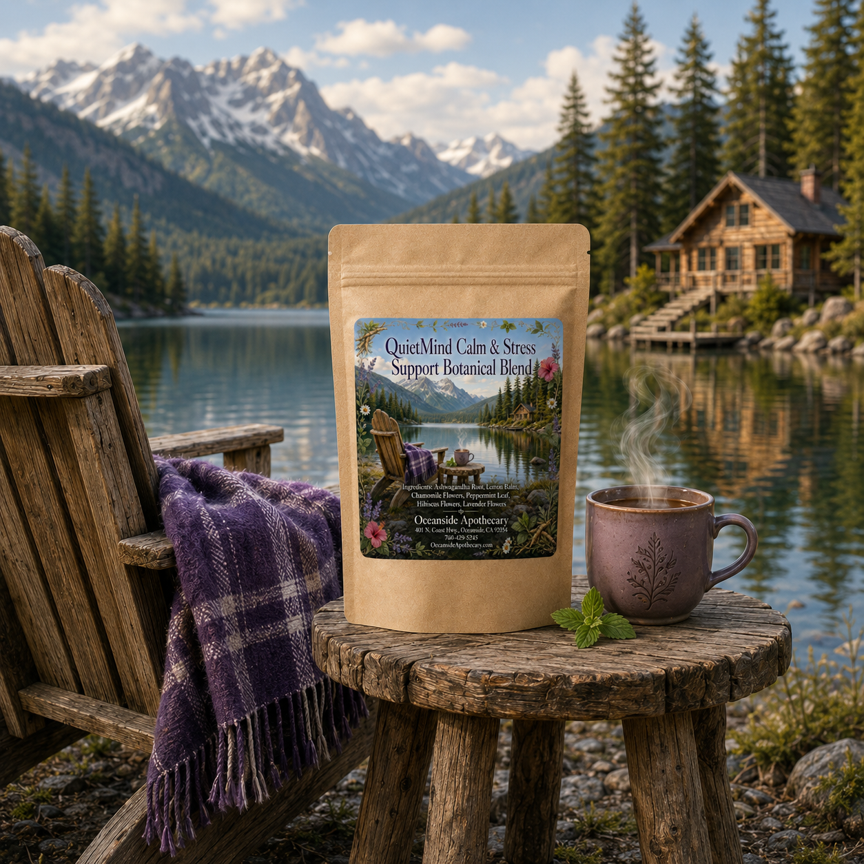 QuietMind Calm and Stress Support Botanical Blend by Oceanside Apothecary displayed on a rustic lakeside table beside a steaming mug, Adirondack chair with purple blanket, mountain lake, pine forest, and cabin.