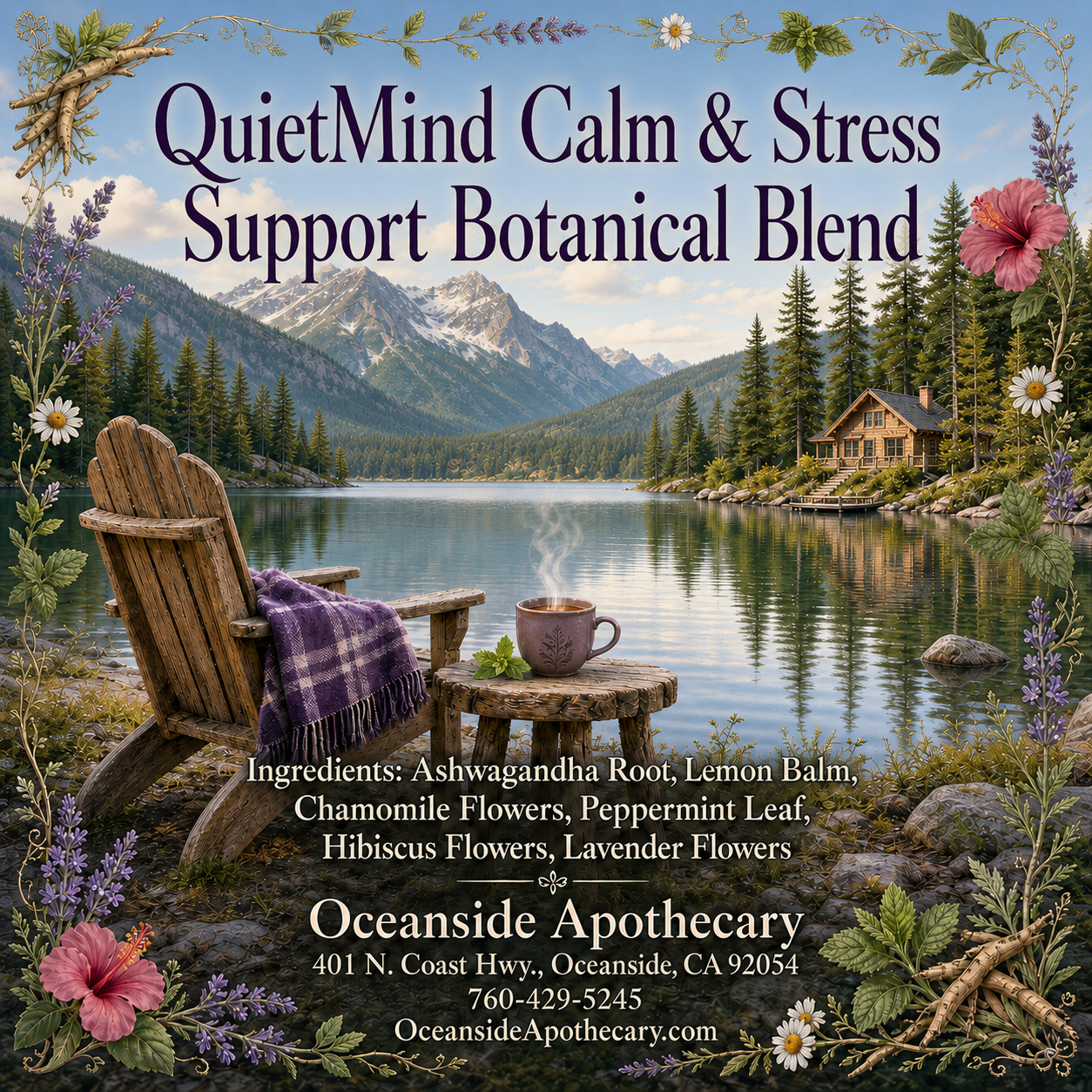QuietMind Calm and Stress Support Botanical Blend by Oceanside Apothecary featuring a serene mountain lake, rustic chair with purple plaid blanket, steaming mug, pine trees, and ingredients including ashwagandha root, lemon balm, chamomile flowers, peppermint leaf, hibiscus flowers, and lavender flowers.