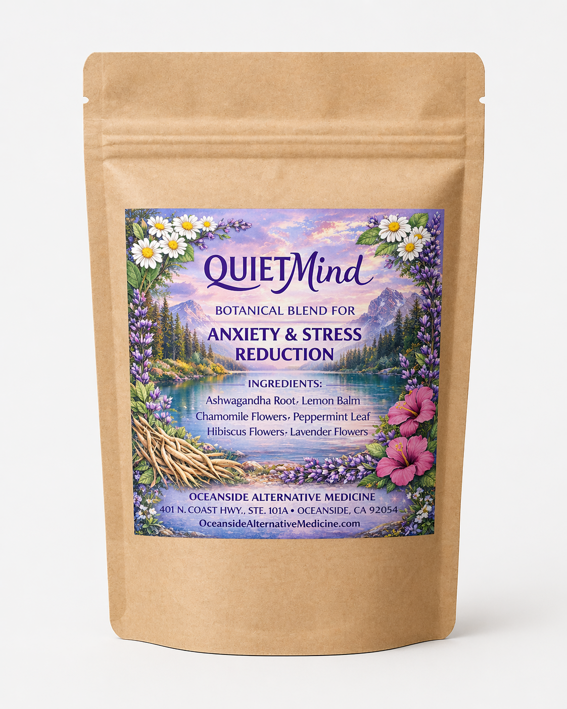 QuietMind Botanical Blend tea in brown apothecary bag with calming botanical background, herbal tea for stress relief and relaxation