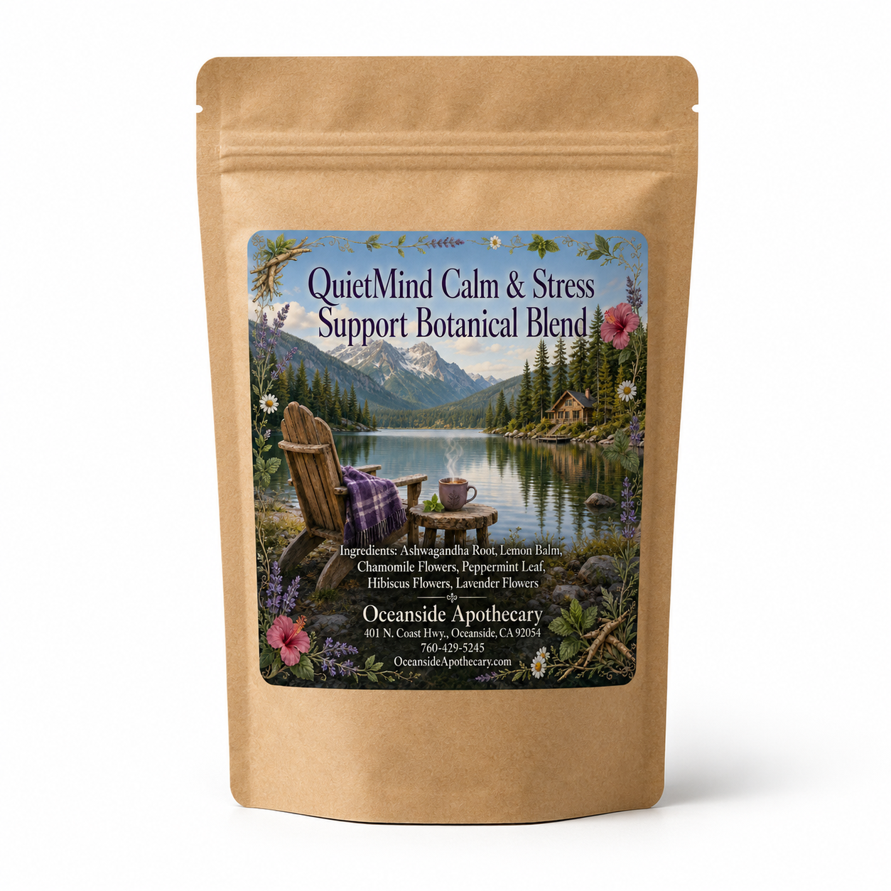 QuietMind Calm and Stress Support Botanical Blend by Oceanside Apothecary in a brown kraft tea pouch on a clean white background product mockup.