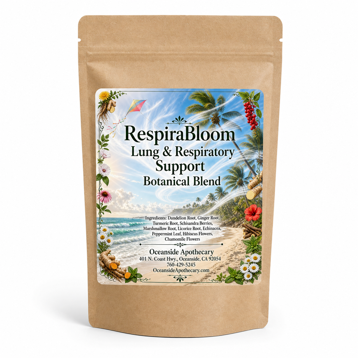 RespiraBloom Lung and Respiratory Support Botanical Blend by Oceanside Apothecary in a brown kraft tea pouch on a clean white background product mockup.
