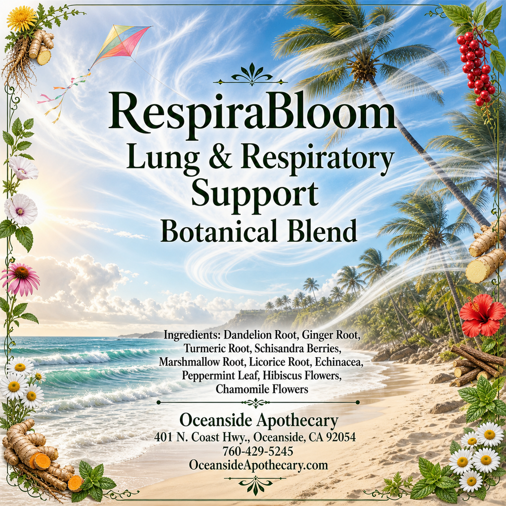 RespiraBloom Lung and Respiratory Support Botanical Blend by Oceanside Apothecary featuring a breezy tropical beach with wind wisps, coconut palms, and ingredients including dandelion root, ginger root, turmeric root, schisandra berries, marshmallow root, licorice root, echinacea, peppermint leaf, hibiscus flowers, and chamomile flowers.
