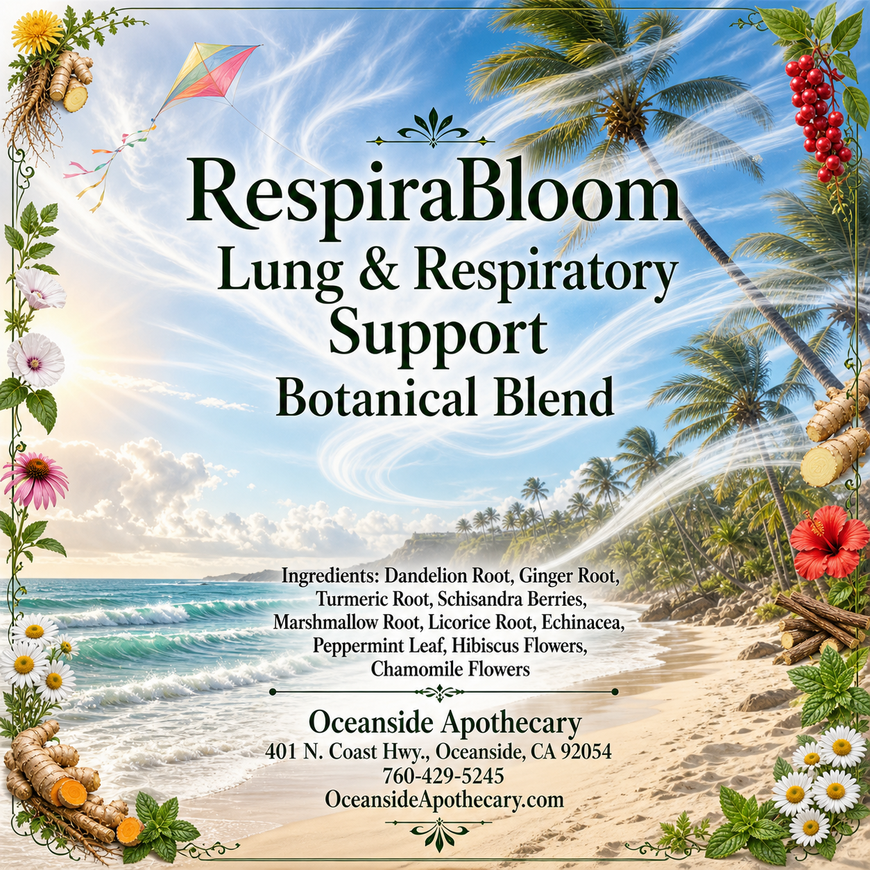 RespiraBloom Lung and Respiratory Support Botanical Blend by Oceanside Apothecary featuring a breezy tropical beach with wind wisps, coconut palms, and ingredients including dandelion root, ginger root, turmeric root, schisandra berries, marshmallow root, licorice root, echinacea, peppermint leaf, hibiscus flowers, and chamomile flowers.
