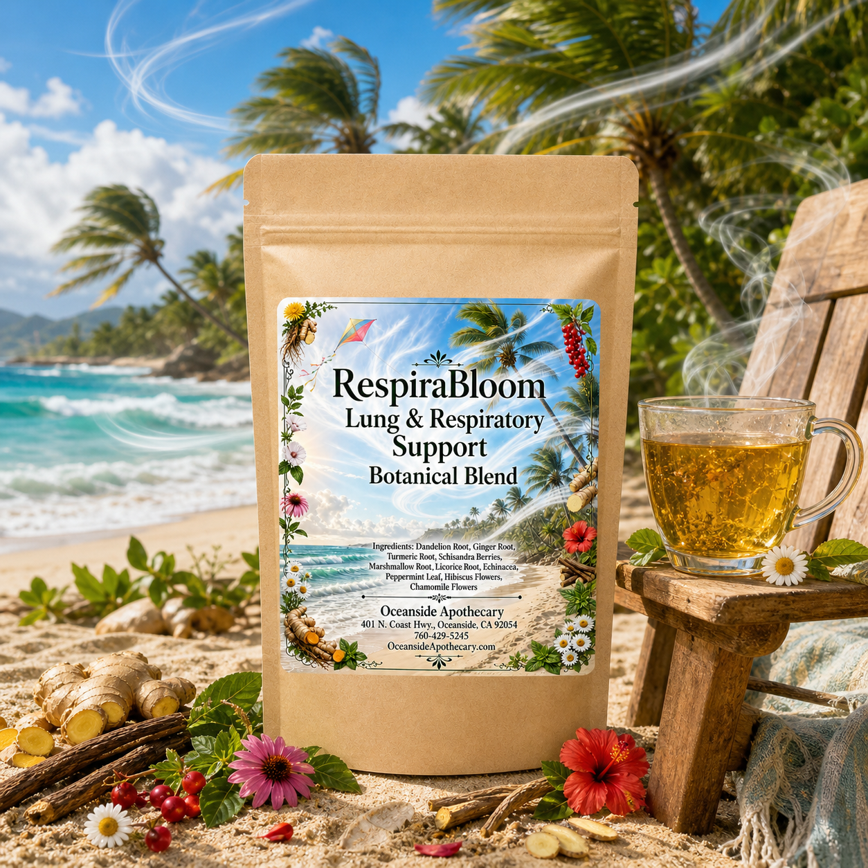 RespiraBloom Lung and Respiratory Support Botanical Blend by Oceanside Apothecary on a tropical beach with steaming herbal tea.