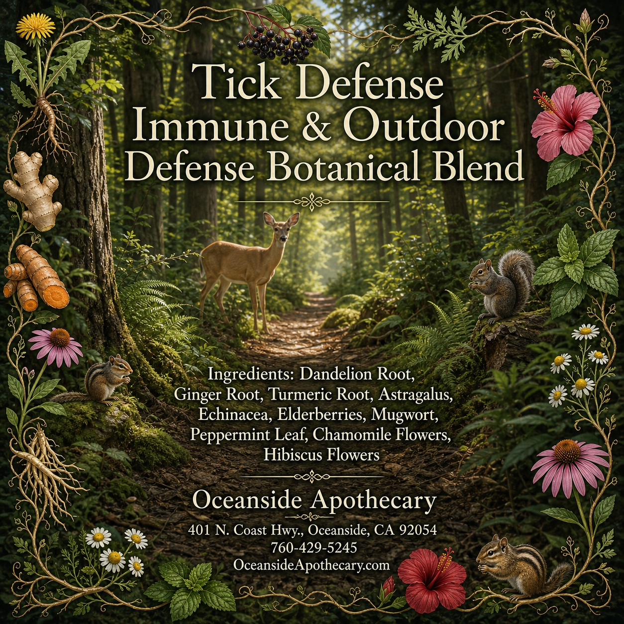 Tick Defense Immune and Outdoor Defense Botanical Blend by Oceanside Apothecary featuring a lush forest hiking trail with a deer, squirrels, chipmunks, and ingredients including dandelion root, ginger root, turmeric root, astragalus, echinacea, elderberries, mugwort, peppermint leaf, chamomile flowers, and hibiscus flowers.