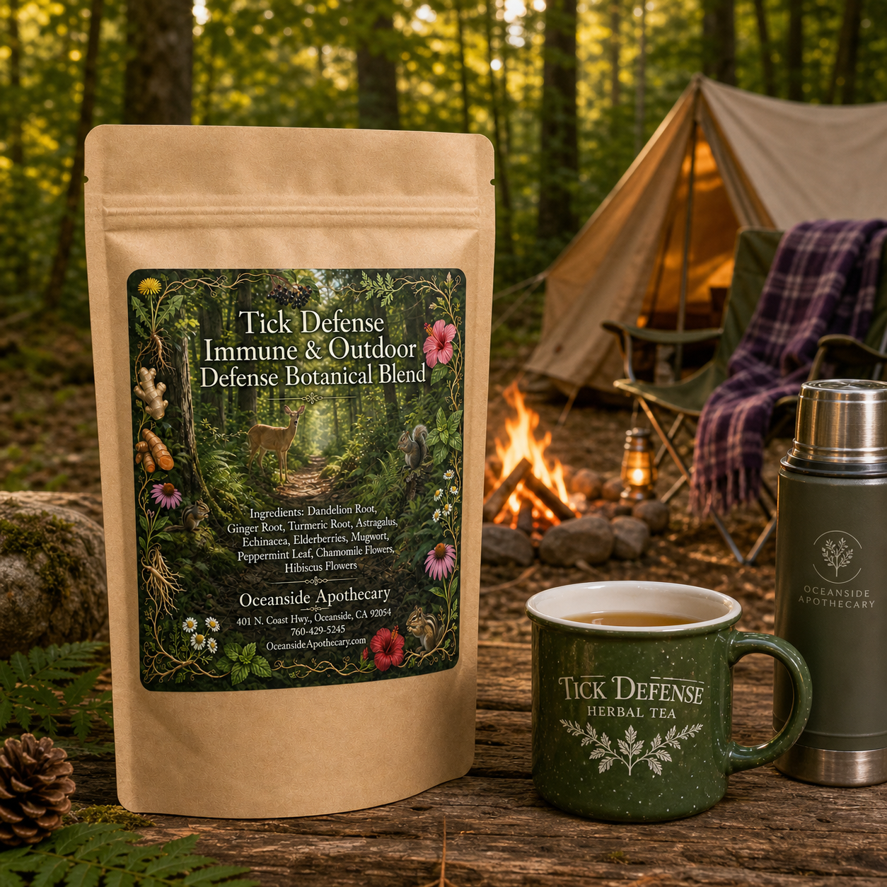 Fluid FlowBloom Edema Support, Lymphedema Support and Circulation Botanical Blend by Oceanside Apothecary displayed on a dock above rushing rapids and short waterfalls beside an Adirondack chair and a clear mug of herbal tea.