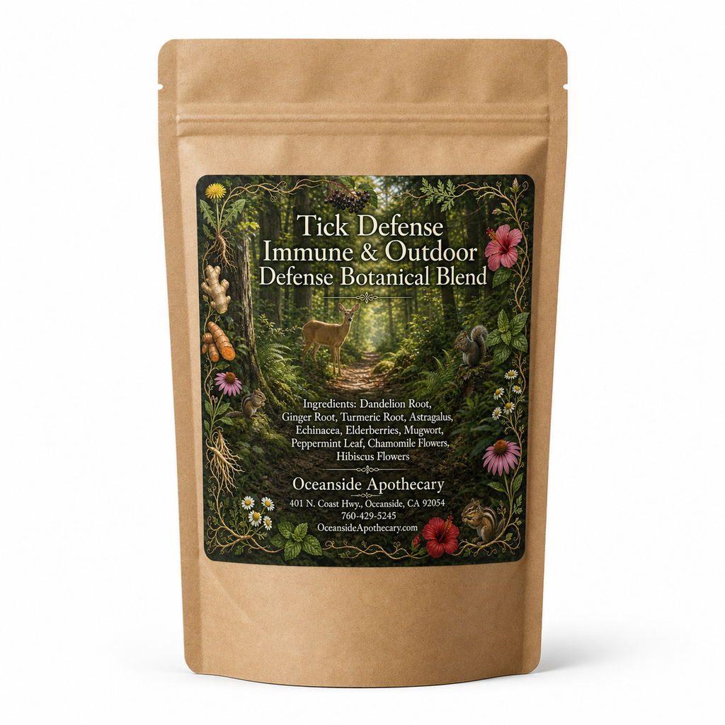 Fluid FlowBloom Edema Support, Lymphedema Support and Circulation Botanical Blend by Oceanside Apothecary in a brown kraft tea pouch on a clean white background product mockup.