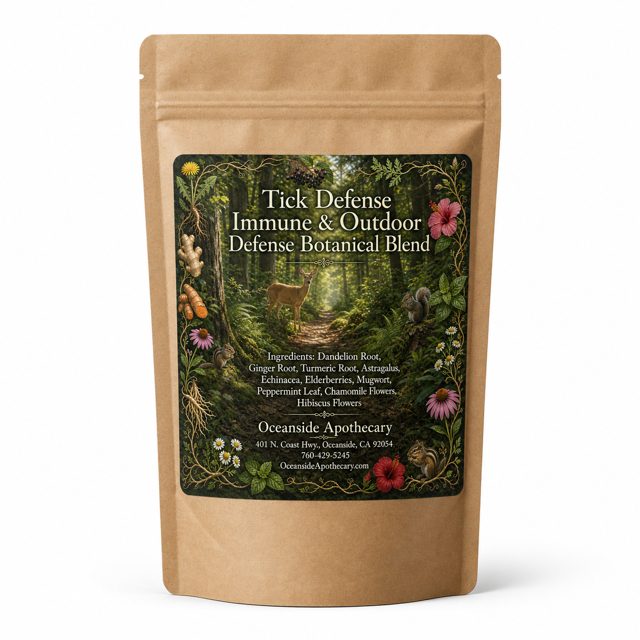 Fluid FlowBloom Edema Support, Lymphedema Support and Circulation Botanical Blend by Oceanside Apothecary in a brown kraft tea pouch on a clean white background product mockup.
